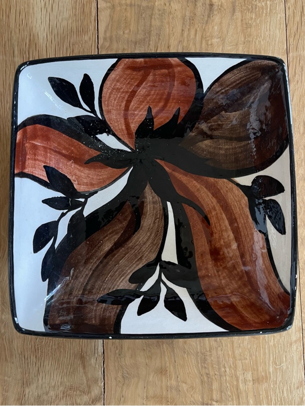 Hand-Painted gorgeous Art square bowl/plate with Brown Floral Design